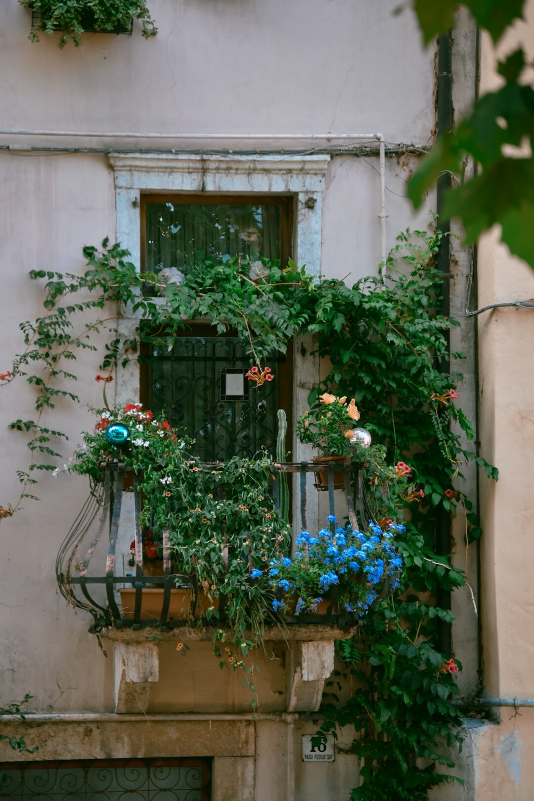 balcony with colorful flowers